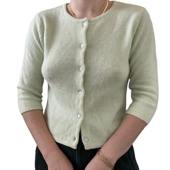 Vintage Womens Pistachio Green Angora Lambswool Blend Preppy Cardigan Sz M - Picture 2 of 7